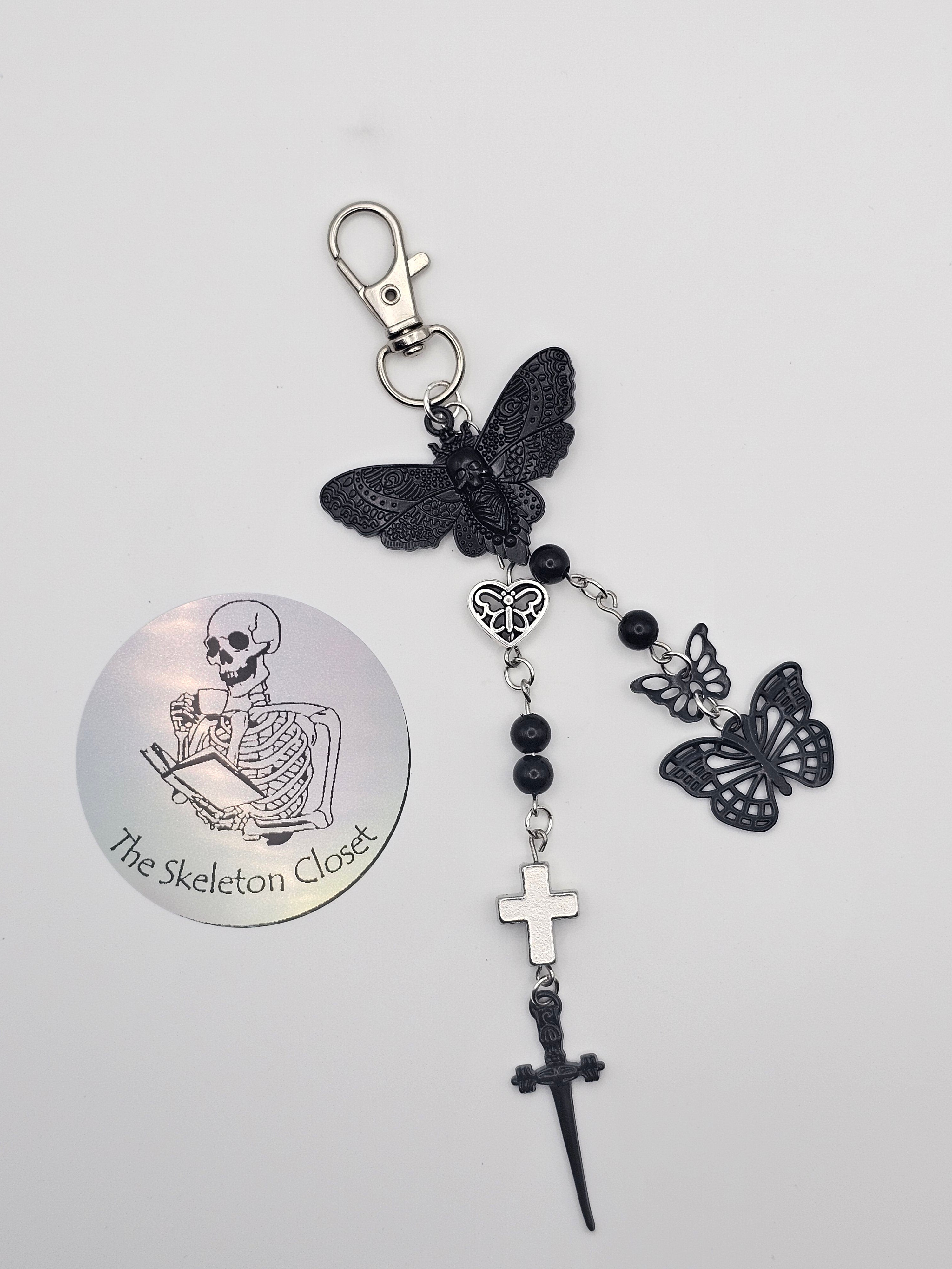 Handmade Gothic Bag Charm - Moths and Crosses